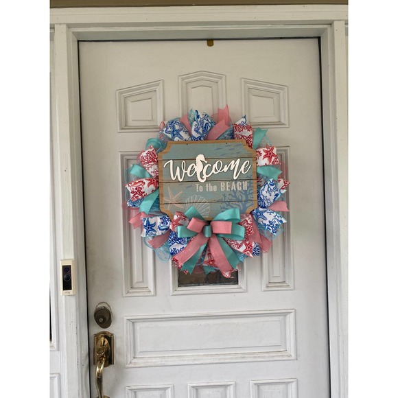 Welcome to the Beach Seahorse Deco Mesh Ribbon Wreath Door Hanger Home Decor - Picture 8 of 8
